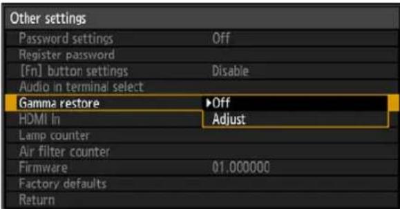 Other settings Password settings Off Register password [Fn] button settings Disable Audio in terminal select Gamma restore ▶Off HDMI In Adjust Lamp counter Air filter counter Firmware 01.000000 Factory defaults Return