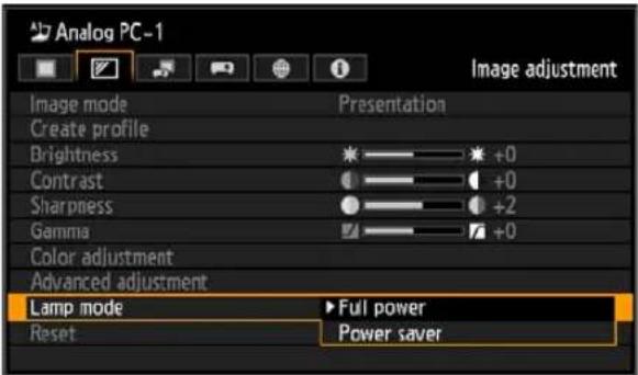 Analog PC-1 Image adjustment Image mode Presentation Create profile Brightness +0 Contrast +0 Sharpness +2 Gamma +0 Color adjustment Advanced adjustment Lamp mode Full power Reset Power saver