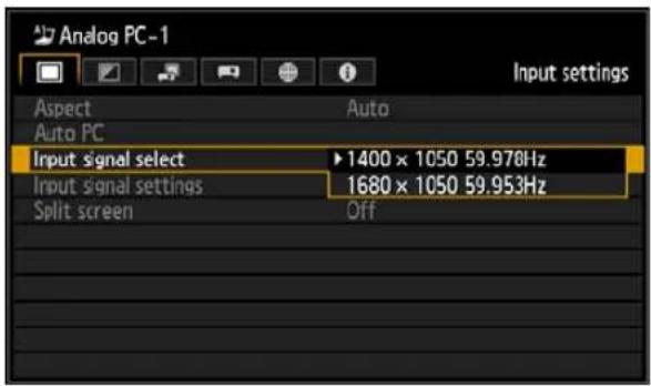 Analog PC-1 Input settings Aspect Auto Auto PC Input signal select ►1400 × 1050 59.978Hz Input signal settings 1680 × 1050 59.953Hz Split screen Off