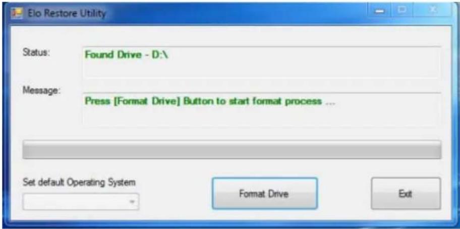 Elio Restore Utility Status: Found Drive - D:\ Message: Press [Format Drive] Button to start format process ... Set default Operating System Format Drive Exit