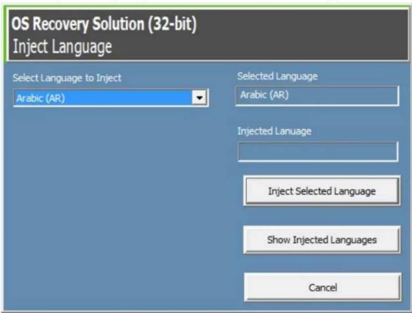 OS Recovery Solution (32-bit) Inject Language Select Language to Inject Arabic (AR) Selected Language Arabic (AR) Injected Language Inject Selected Language Show Injected Languages Cancel
