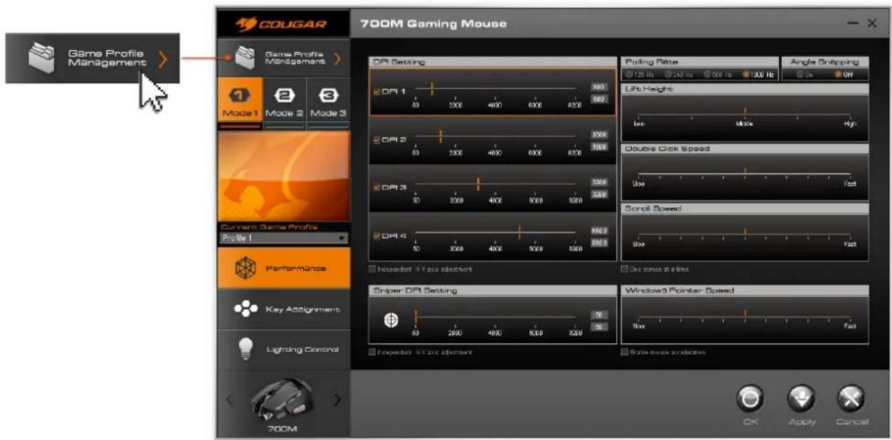 700M Gaming Mouse Game Profile Management Game Profile Managements Mode 1 Mode 2 Mode 3 Current Game Profile Profile 1 Performance Key Assignment Lighting Control 700M DR Setting DPI 1 50 2000 4000 6000 8200 DPI 2 50 2000 4000 6000 8200 DPI 3 50 2000 4000 6000 8200 DPI 4 50 2000 4000 5000 8200 Independent > Yatic adjustment Sniper DR Setting 50 50 2000 4000 6000 8200 Independent > Yatic adjustment Polling Rate 125 Hz 269 Hz 500 Hz 100 Hz On Off Angle Snapping Life Height Double Click Speed Slow Fast Scroll Speed Slow Fast Use seconds at a line Window3 Pointer Speed Slow Fast Scale mouse acceleration OK Apply Cancel