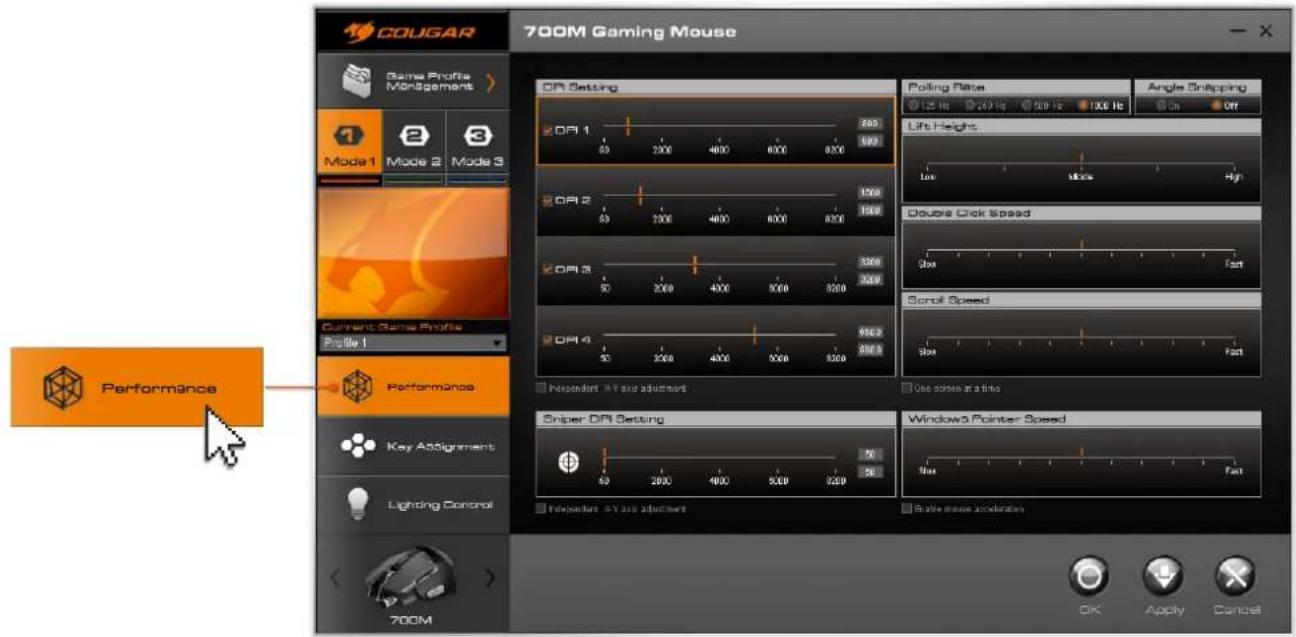 COUGAR 700M Gaming Mouse Game Profile Management Mode1 Mode 2 Mode 3 Current Game Profile Profile 1 Performance Key Assignment Lighting Control 700M OA Setting OA 1 50 200 400 600 800 OA 2 50 200 400 600 800 OA 3 50 200 400 800 800 OA 4 50 200 400 800 800 Polding Rate 125 Hz 260 Hz 560 Hz 100 Hz Angle Snapping On Off Lift Heights Low Marks High Double Click Speed 3.5x Fast Scroll Speed 3.5x Fast Independent AT or its adjustment One zone at a line Sniper OA Setting 50 200 400 600 800 Windows3 Pointer Speed 5.5x Fast Independent ST or its adjustment Stroke move acceleration OK Apply Cancel