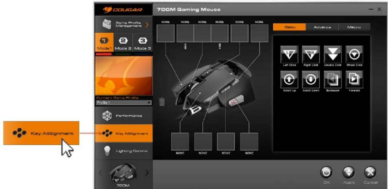 COUGAR 700M Gaming Mouse Game Profile Management Mode1 Mode 2 Mode 3 Current Game Profile Profile 1 Performance Key Assignment Key Adjustment Lighting Control 700M Basic Advance Macro Left Click Right Click Double Click Wheel Click Scroll Up Scroll Down Backward Forward OK Apply Cancel