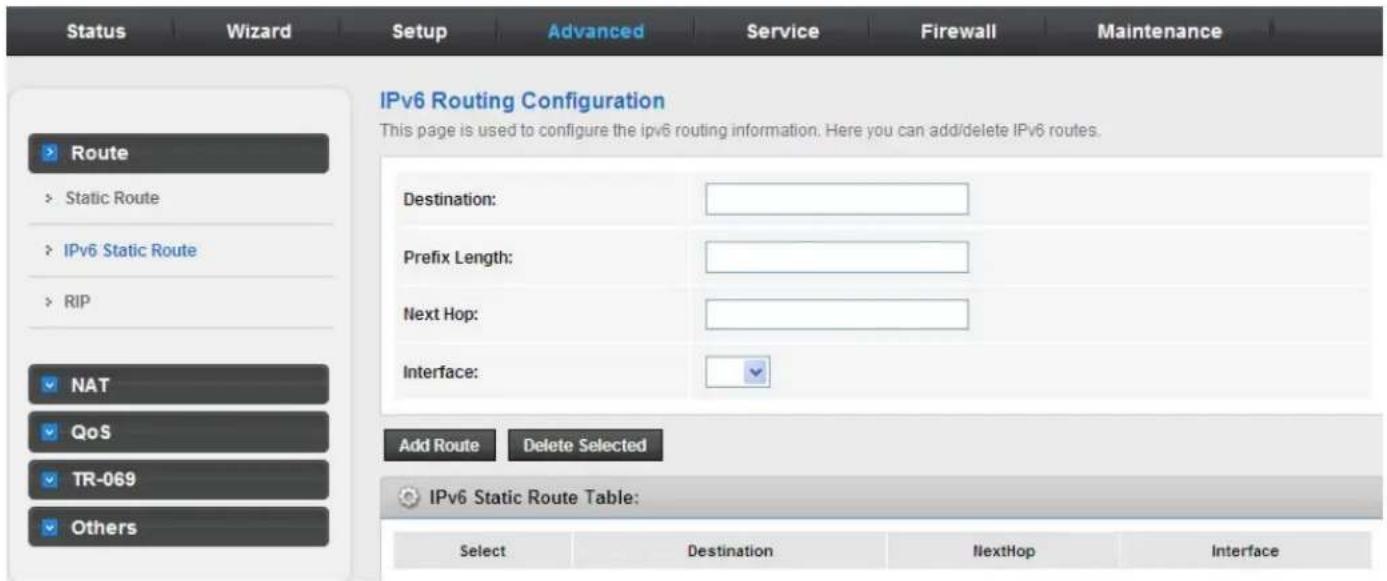 Status Wizard Setup Advanced Service Firewall Maintenance IPv6 Routing Configuration This page is used to configure the ipv6 routing information. Here you can add/delete IPv6 routes. Route Static Route IPv6 Static Route RIP NAT QoS TR-069 Others Destination: Prefix Length: Next Hop: Interface: Add Route Delete Selected IPv6 Static Route Table: Select Destination NextHop Interface
