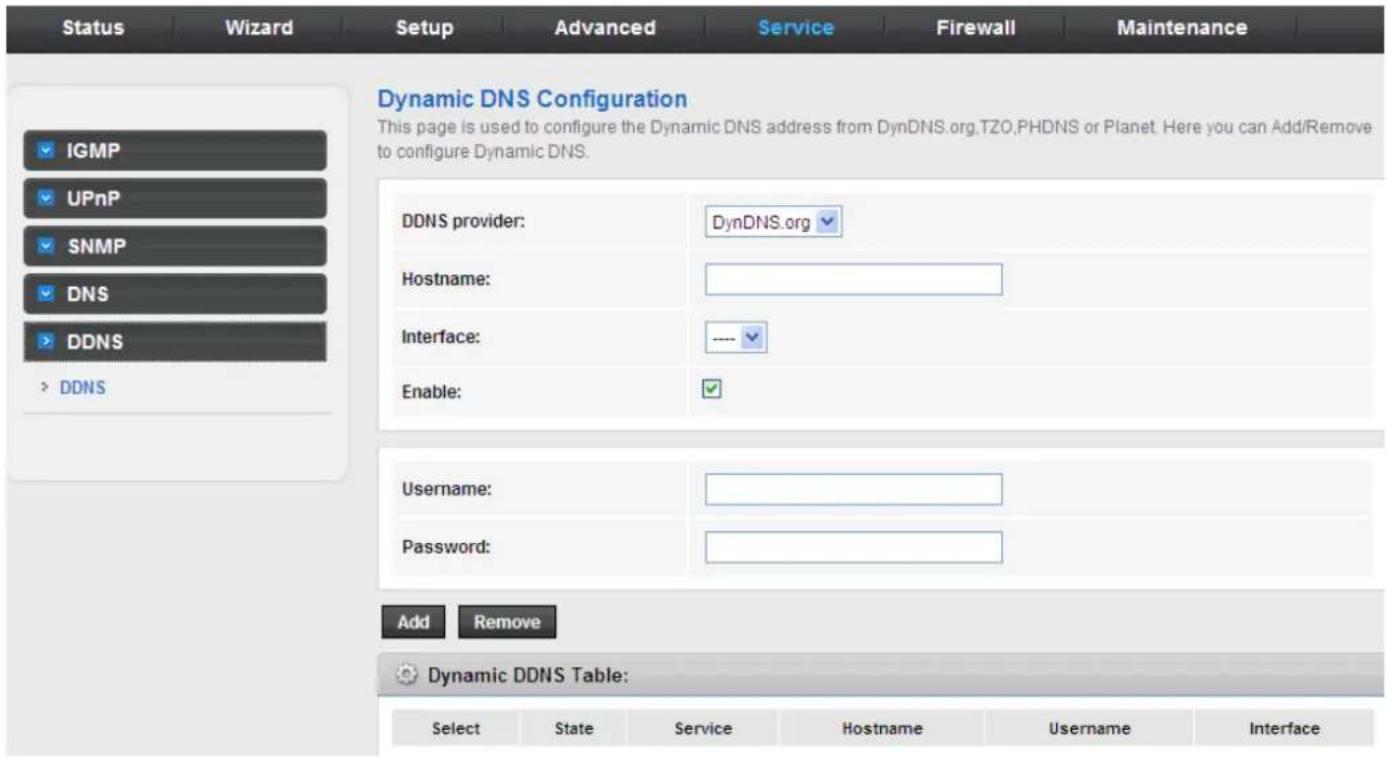 Status Wizard Setup Advanced Service Firewall Maintenance Dynamic DNS Configuration This page is used to configure the Dynamic DNS address from DynDNS.org.TZO.PHDNS or Planet. Here you can Add/Remove to configure Dynamic DNS. IGMP UPnP SNMP DNS DDNS > DDNS DDNS provider: DynDNS.org Hostname: Interface: ---- Enable: Username: Password: Add Remove Dynamic DDNS Table: Select State Service Hostname Username Interface
