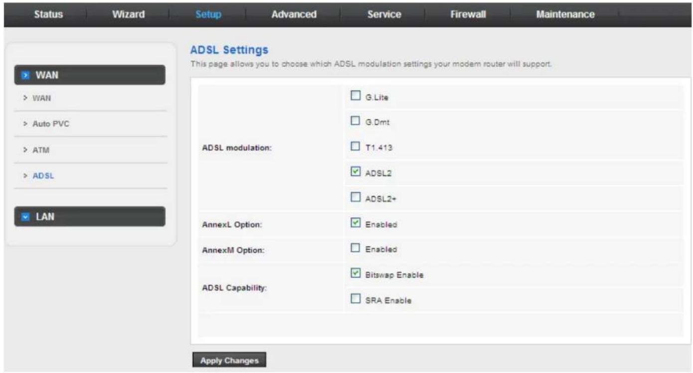 Status Wizard Setup Advanced Service Firewall Maintenance WAN WAN Auto PVC ATM ADSL LAN ADSL Settings This page allows you to choose which ADSL modulation settings your modem router will support. ADSL modulation: G.Lite G.Dmt T1.413 ADSL2 ADSL2+ AnnexL Option: Enabled AnnexM Option: Enabled ADSL Capability: Bitswap Enable SRA Enable Apply Changes