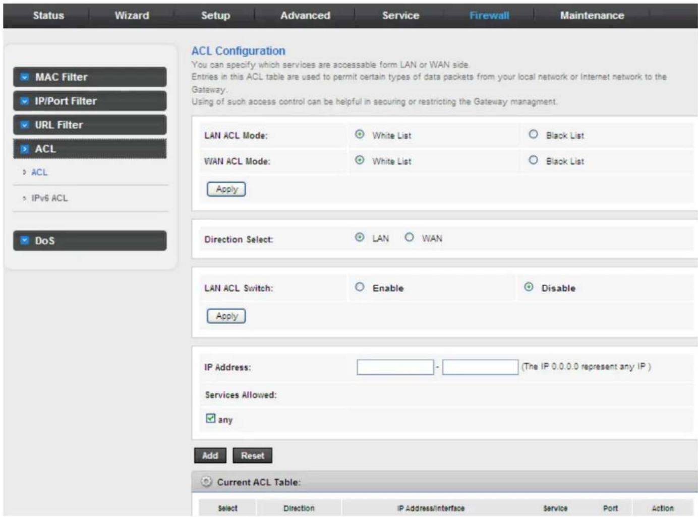 Status Wizard Setup Advanced Service Firewall Maintenance MAC Filter IP/Port Filter URL Filter ACL ACL IPv6 ACL DoS ACL Configuration You can specify which services are accessible form LAN or WAN side. Entries in this ACL table are used to permit certain types of data packets from your local network or Internet network to the Gateway. Using of such access control can be helpful in securing or restricting the Gateway management. LAN ACL Mode: White List Black List WAN ACL Mode: White List Black List Apply Direction Select: LAN WAN LAN ACL Switch: Enable Disable Apply IP Address: - (The IP 0.0.0.0 represent any IP ) Services Allowed: any Add Reset Current ACL Table: Select Direction IP Address/interface Service Port Action