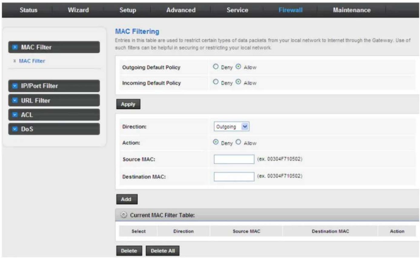 Status Wizard Setup Advanced Service Firewall Maintenance MAC Filtering MAC Filter MAC Filter IP/Port Filter URL Filter ACL DoS MAC Filtering Entries in this table are used to restrict certain types of data packets from your local network to Internet through the Gateway. Use of such filters can be helpful in securing or restricting your local network. Outgoing Default Policy Deny Allow Incoming Default Policy Deny Allow Apply Direction: Outgoing Action: Deny Allow Source MAC: (ex. 00304F710502) Destination MAC: (ex. 00304F710502) Add Current MAC Filter Table: Select Direction Source MAC Destination MAC Action Delete Delete All