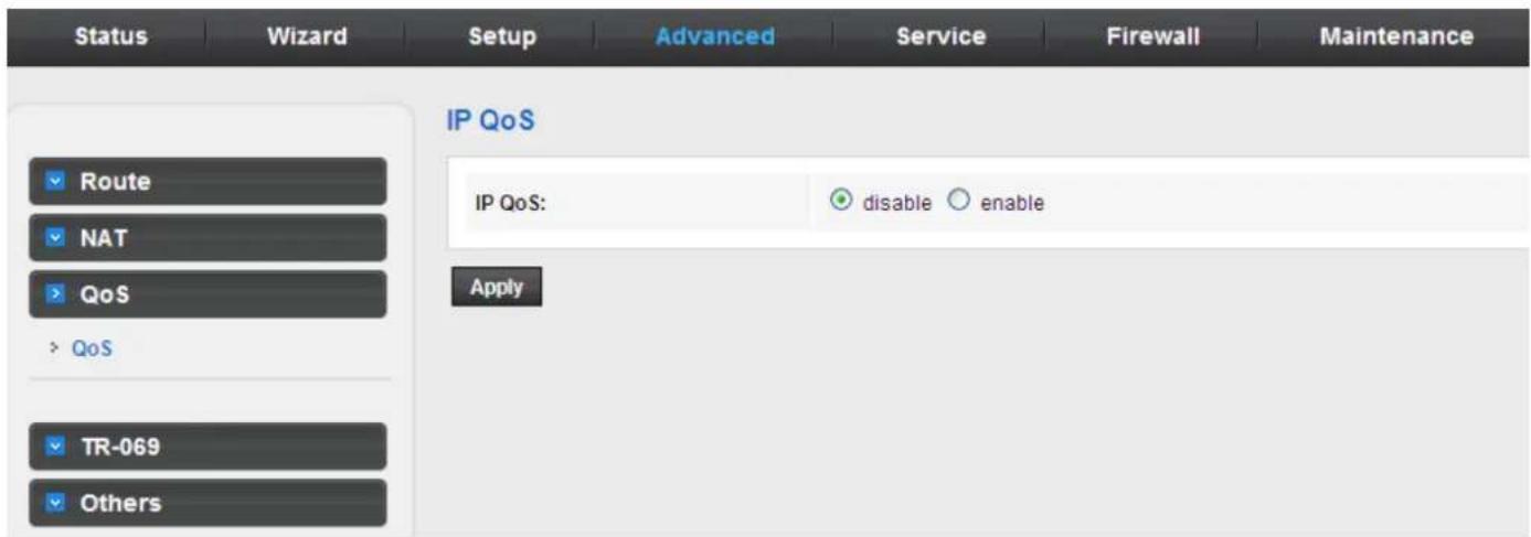 Status Wizard Setup Advanced Service Firewall Maintenance IP QoS Route NAT QoS > QoS TR-069 Others IP QoS: disable enable Apply