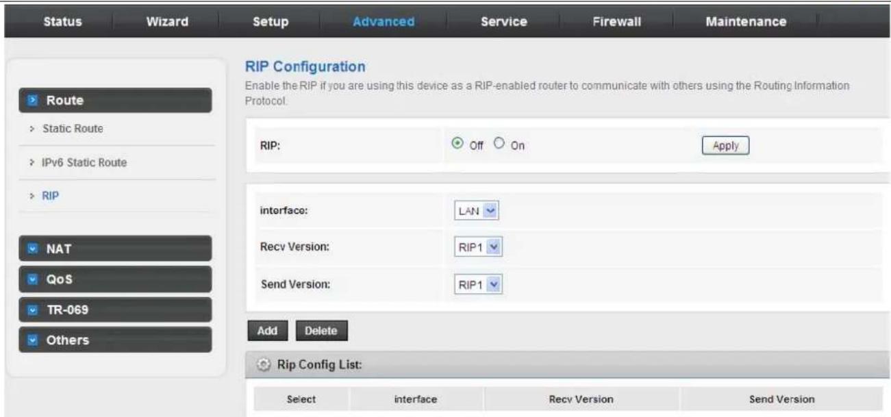 Status Wizard Setup Advanced Service Firewall Maintenance Route Static Route IPv6 Static Route RIP NAT QoS TR-069 Others RIP Configuration Enable the RIP if you are using this device as a RIP-enabled router to communicate with others using the Routing Information Protocol. RIP: Off On Apply interface: LAN Recv Version: RIP1 Send Version: RIP1 Add Delete Rip Config List: Select interface Recv Version Send Version