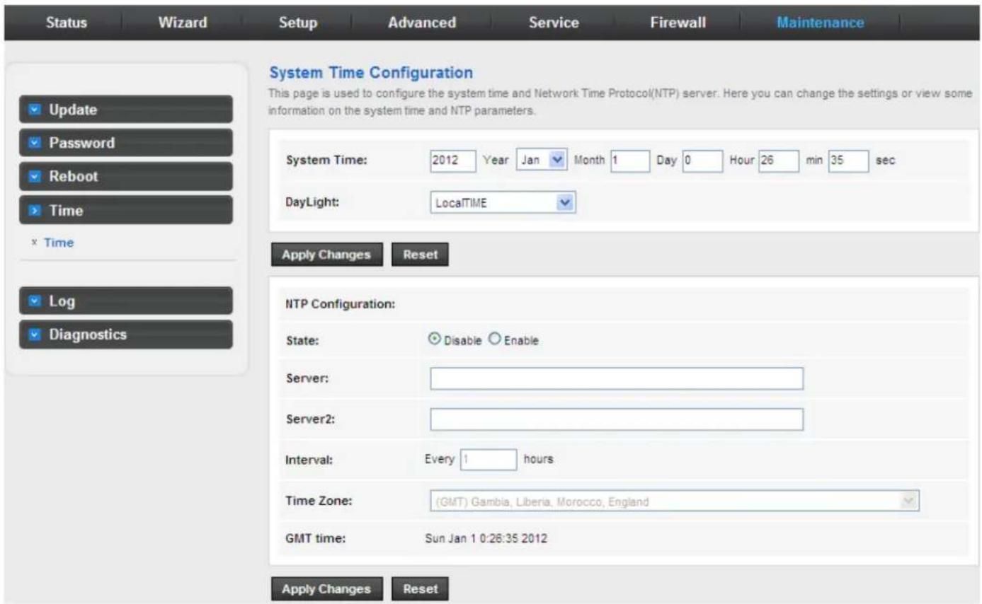 Status Wizard Setup Advanced Service Firewall Maintenance System Time Configuration This page is used to configure the system time and Network Time Protocol(NTP) server. Here you can change the settings or view some information on the system time and NTP parameters. System Time: 2012 Year Jan Month 1 Day 0 Hour 26 min 35 sec DayLight: LocalTIME Apply Changes Reset NTP Configuration: State: Disable Enable Server: Server2: Interval: Every 1 hours Time Zone: (GMT) Gambia, Liberia, Morocco, England GMT time: Sun Jan 1 0:28:35 2012 Apply Changes Reset