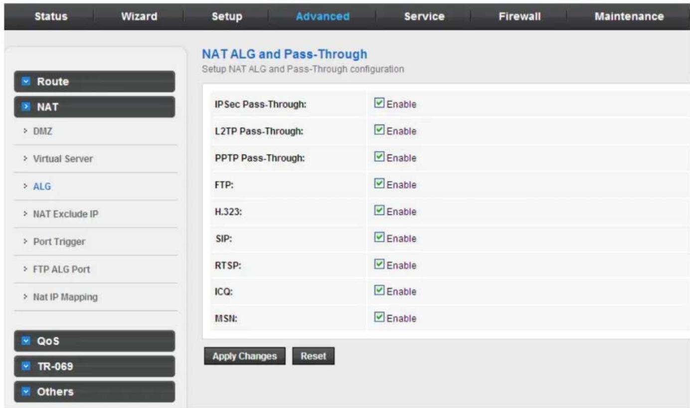 Status Wizard Setup Advanced Service Firewall Maintenance NAT ALG and Pass-Through Setup NAT ALG and Pass-Through configuration Route NAT DMZ Virtual Server ALG NAT Exclude IP Port Trigger FTP ALG Port Nat IP Mapping QoS TR-069 Others IPSec Pass-Through: Enable L2TP Pass-Through: Enable PPTP Pass-Through: Enable FTP: Enable H.323: Enable SIP: Enable RTSP: Enable ICQ: Enable MSN: Enable Apply Changes Reset