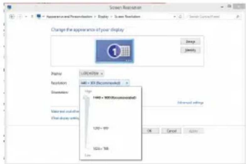 Screen Resolution Appearance and Presentation > Display > Screen Resolution Change the appearance of your display Display Density Display Preview LPGC@P508 Resolution 440 × 100 (Recommended) Duration: High 1440 × 100(Recommended) Master set out other What display entries: 1200 - 999 1000 × 768 Low Advanced settings OK Cancel Help