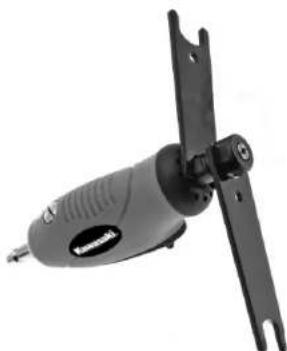 Close-up of a black electric shaver with metal bracket and mounting bracket (no visible text or symbols)