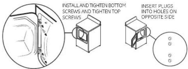 INSTALL AND TIGHTEN BOTTOM SCREWS AND TIGHTEN TOP SCREWS INSERT PLUGS INTO HOLES ON OPPOSITE SIDE