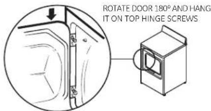 ROTATE DOOR 180° AND HANG IT ON TOP HINGE SCREWS