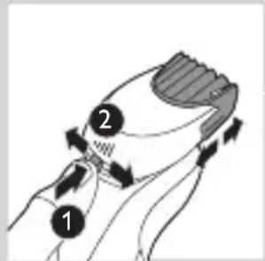 Diagram showing a hand holding a device with labeled parts 1 and 2, indicating directional movement or process flow.