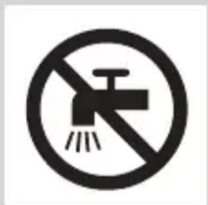 Prohibition sign indicating no fire or water discharge, featuring a crossed-out faucet symbol with a diagonal line and 'No Fire' text.