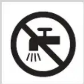 Prohibition sign with a faucet symbol and radiating lines, indicating no fire or water discharge.