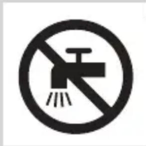 Prohibition sign indicating no fire or water discharge, featuring a faucet symbol with diagonal lines and a diagonal line above.