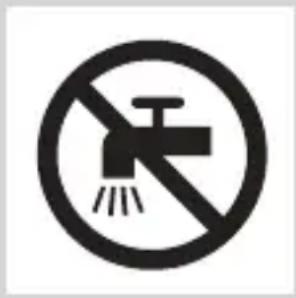 Prohibition sign with a faucet symbol and diagonal line, indicating no fire or water discharge.