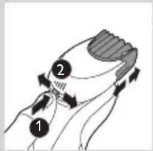 Diagram showing two labeled parts (1 and 2) of a hairpin or hair accessory with directional arrows indicating movement.