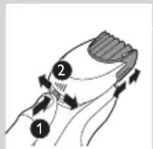 Diagram showing a hand holding a device with labeled parts 1 and 2, indicating directional movement or process flow.