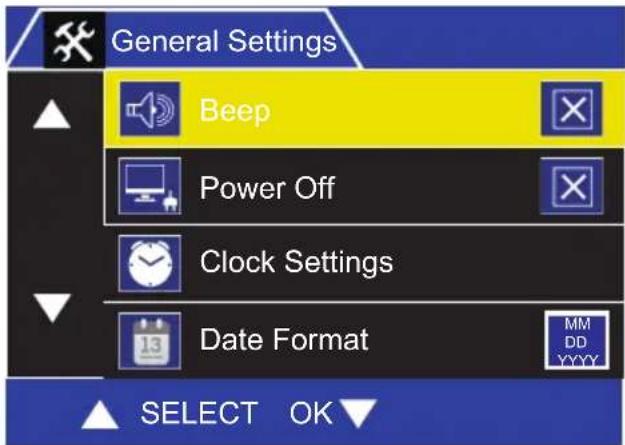 General Settings Beep Power Off Clock Settings Date Format MM DD YYYY SELECT OK