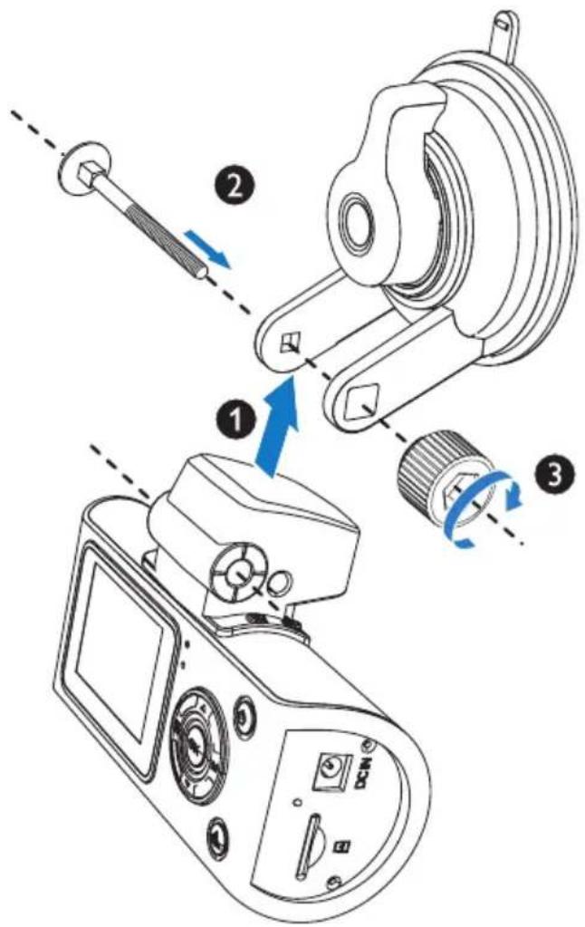 Technical diagram showing three-step assembly of a mechanical device with labeled components and directional arrows indicating motion.