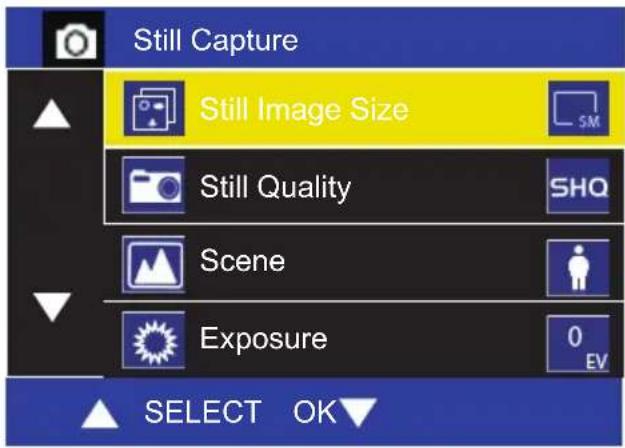 Still Capture Still Image Size Still Quality Scene Exposure SELECT OK