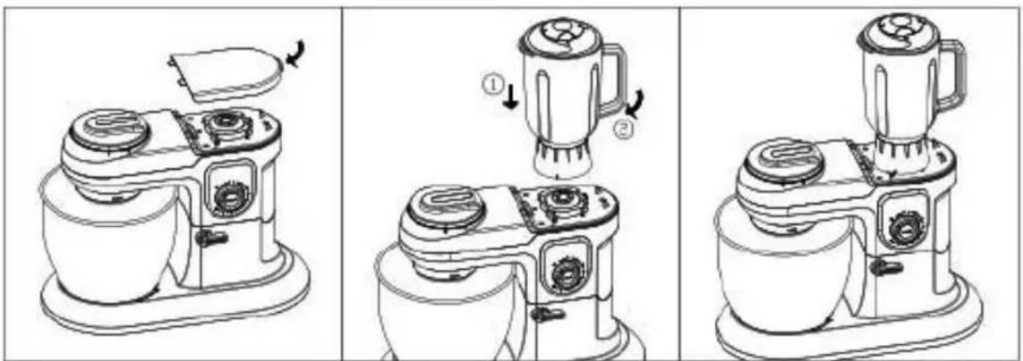 Technical diagram showing three-step assembly of a kitchen mixer with labeled parts and directional arrows indicating motion.