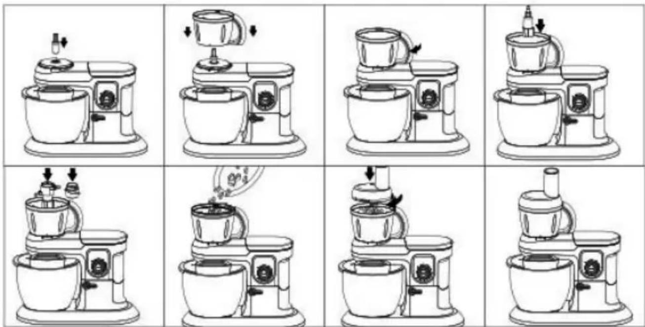 Illustration showing a kitchen mixer with step-by-step cooking process, including lifting and adding steps