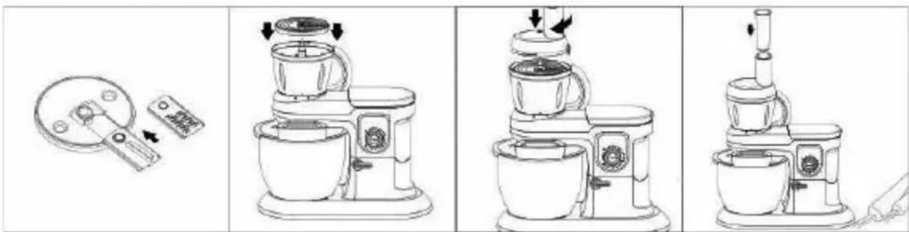 Technical diagram showing a kitchen appliance with three sequential steps: adding a fan, pressing down, and holding a stand.