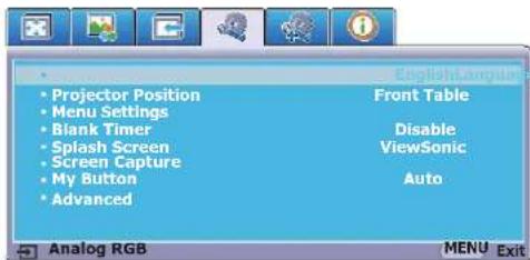 Projector Position Menu Settings Blank Timer Splash Screen Screen Capture My Button Advanced Front Table Disable ViewSonic Auto Analog RGB MENU Exit
