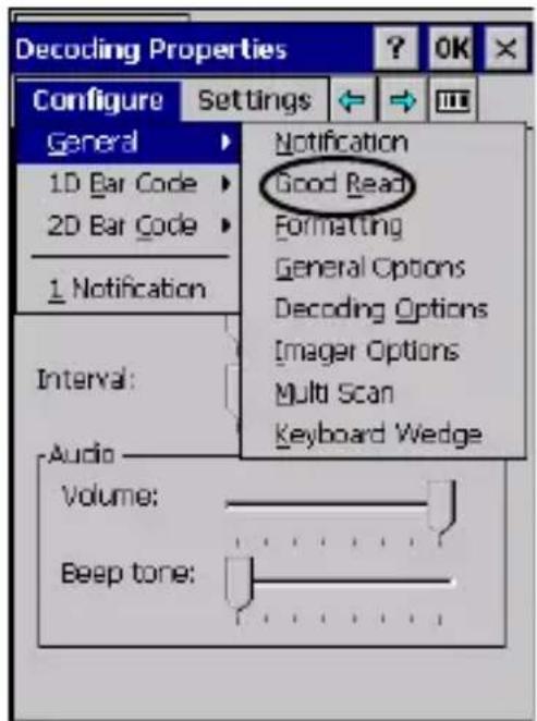 Decoding Properties Configure Settings General 1D Bar Code 2D Bar Code 1 Notification Interval: Audio Volume: Beep tone: Notification Good Read Formatting General Options Decoding Options Imager Options Multi Scan Keyboard Wedge