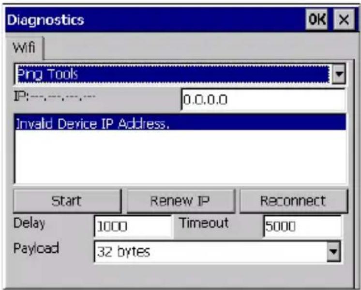 Diagnostics OK Wifi Prog Tools IP:----,----,---- 0.0.0.0 Invalid Device IP Address. Start Renew IP Reconnect Delay 1000 Timeout 5000 Payload 32 bytes