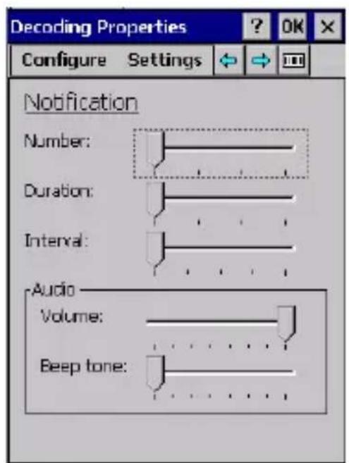 Decoding Properties Configure Settings NOFFICATION Number: Duration: Interval: Audio Volume: Beep tone: