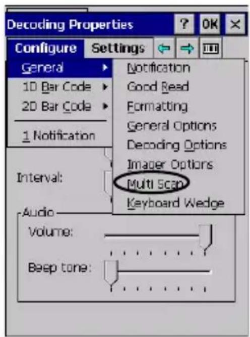 Decoding Properties Configure Settings General 1D Bar Code 2D Bar Code 1 Notification Interval: Audio Volume: Beep tone: Notification Good Read Formatting General Options Decoding Options Imager Options Multi Scan Keyboard Wedge