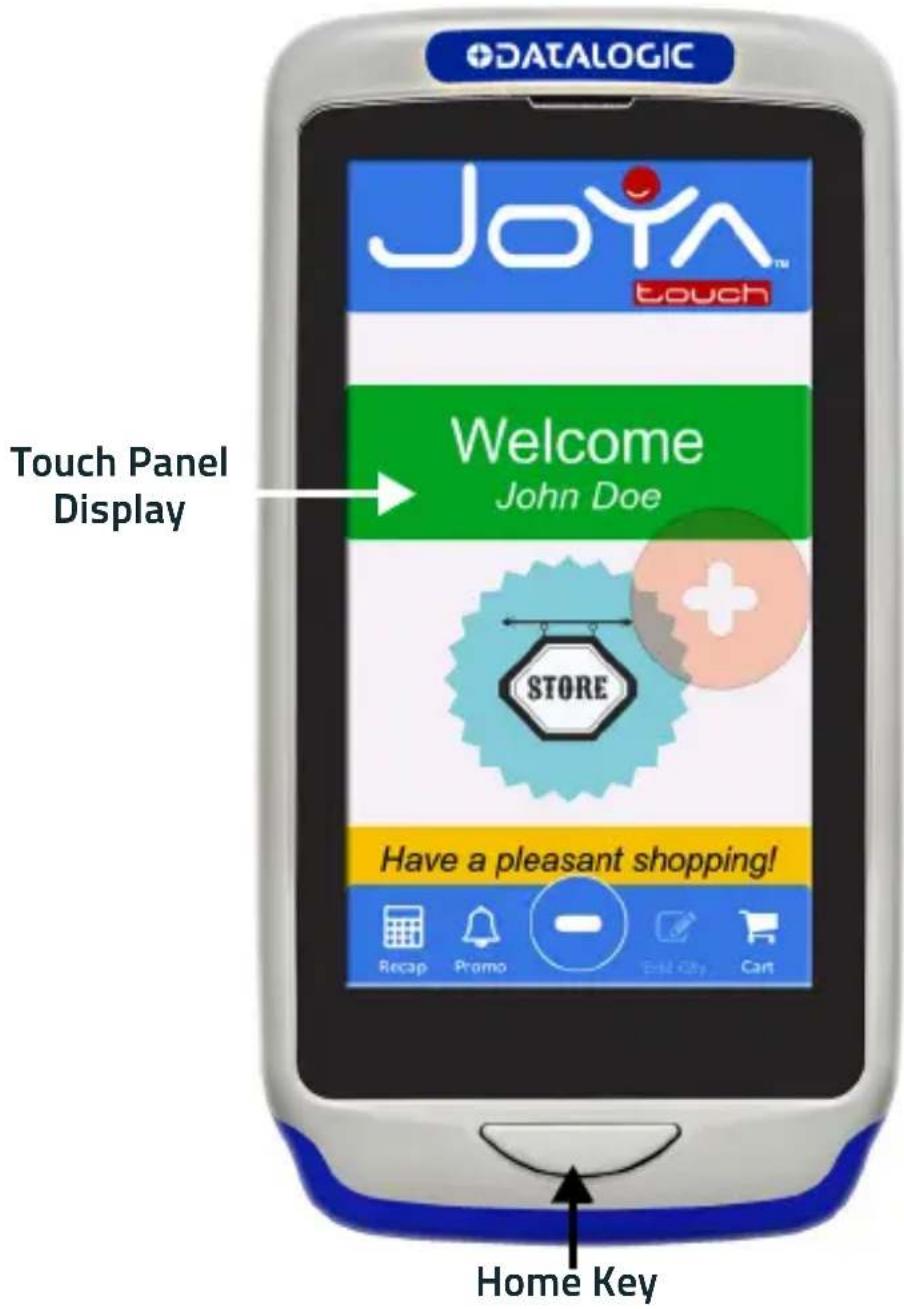 DATALOGIC Joya™ touch Touch Panel Display Welcome John Doe STORE Have a pleasant shopping! Recap Promo Buy City Cart Home Key