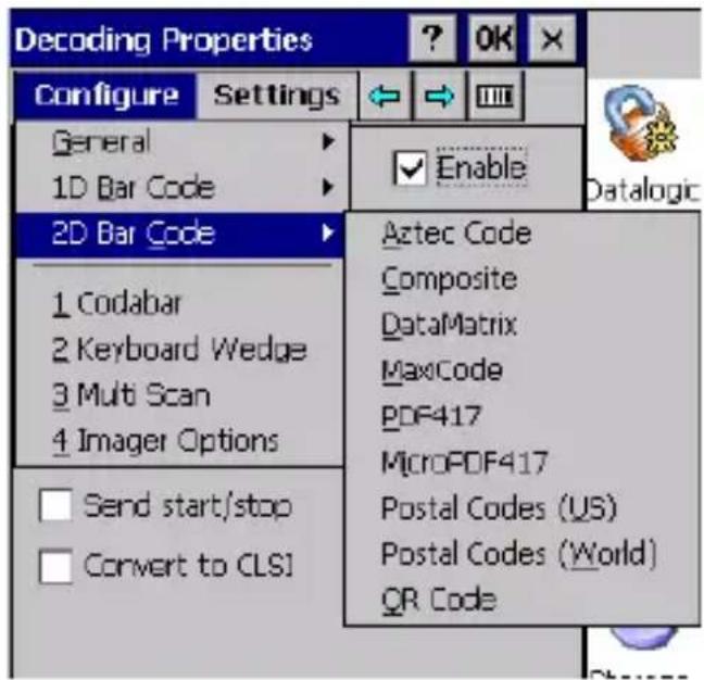 Decoding Properties Configure Settings General 1D Bar Code 2D Bar Code 1 Codabar 2 Keyboard Wedge 3 Multi Scan 4 Imager Options Send start/stop Convert to CLSI Enable Aztec Code Composite DataMatrix MaxCode PDF417 MicroPDF417 Postal Codes (US) Postal Codes (World) QR Code
