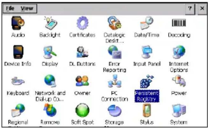 File View Audio Backlight Certificates Datalogic Desk... Date/Time Decoding Device Info Display DL Buttons Error Reporting Input Panel Internet Options Keyboard Network and Dial-up Co... Owner PC Connection Persistent Registry Power Regional Remove Soft Spot Storage Stylus System