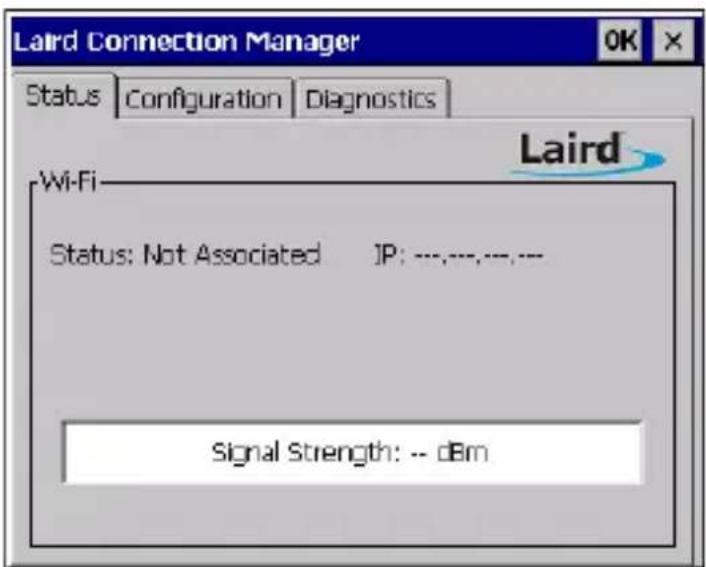 Laird Connection Manager Status Configuration Diagnostics Wi-Fi Status: Not Associated JP: ---,---,---,--- Signal Strength: -- dBm