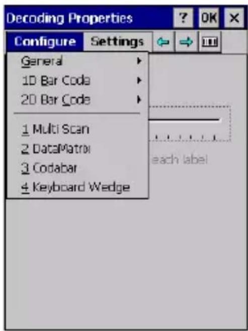 Decoding Properties Configure Settings General 10 Bar Code 20 Bar Code 1 Multi Scan 2 DataMatrix 3 Codabar 4 Keyboard Wedge each label