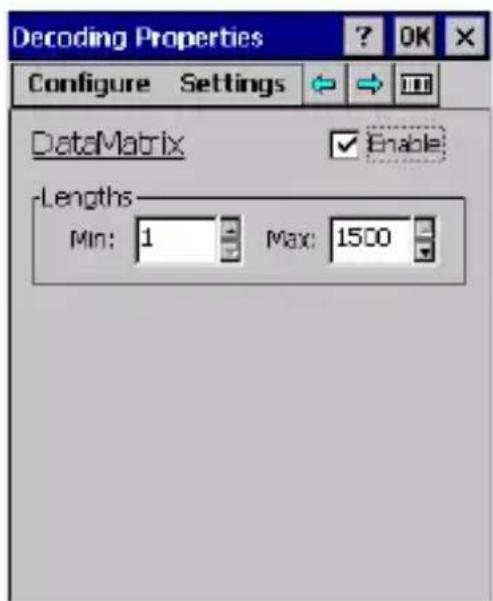 Decoding Properties Configure Settings DataMatrix Enable Lengths Min: 1 Max: 1500
