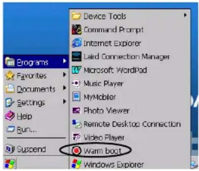 Programs Favorites Documents Settings Help Run... Suspend Device Tools Command Prompt Internet Explorer Laird Connection Manager Microsoft WordPad Music Player MyMCbiler Photo Viewer Remote Desktop Connection Video Player Warm boot Windows Explorer
