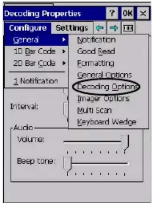 Decoding Properties Configure Settings General 1D Bar Code 2D Bar Code 1 Notification Interval: Audio Volume: Beep tone: Notification Good Read Formatting General Options Decoding Options Imager Options Multi Scan Keyboard Wedge