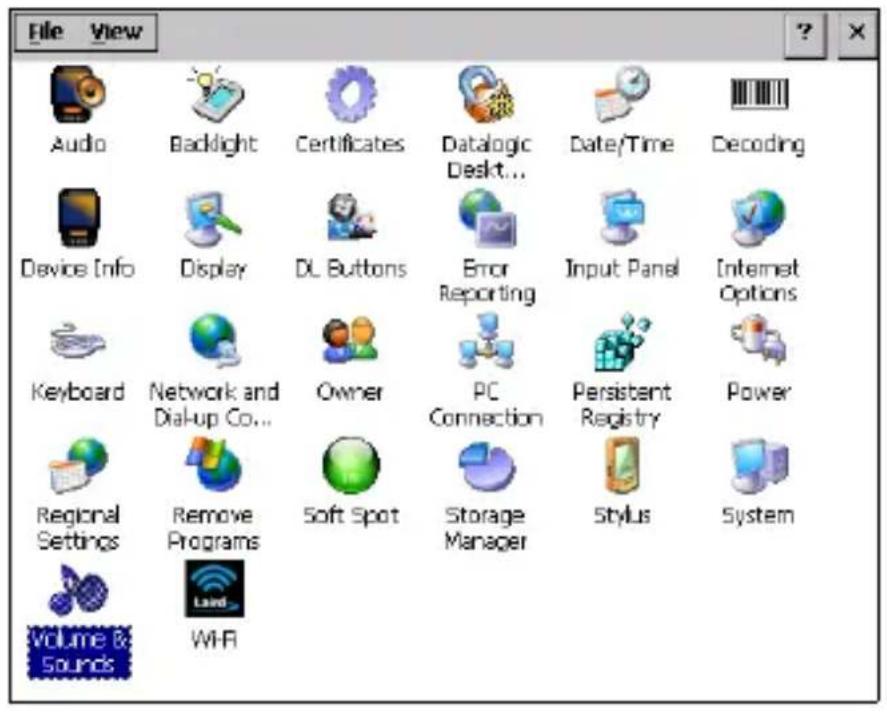 File View Audio Backlight Certificates Datalogic Date/Time Decoding Device Info Display DL Buttons Error Reporting Input Panel Internet Options Keyboard Network and Dial-up Co... Owner PC Connection Persistent Registry Power Regional Settings Remove Programs Soft Spot Storage Manager Stylus System Volume & Sounds WHR