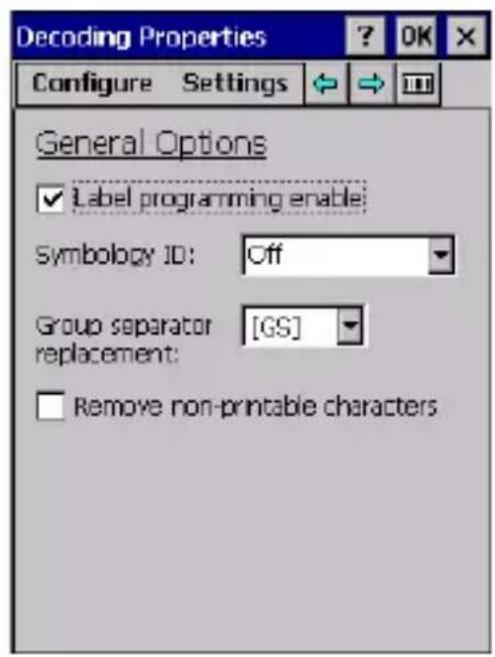 Decoding Properties Configure Settings General Options ✓ Label programming enable: Symbology ID: Off Group separator [GS] replacement: □ Remove non-printable characters