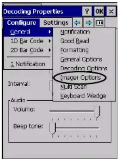 Decoding Properties Configure Settings General 1D Bar Code 2D Bar Code 1 Notification Interval: Audio Volume: Beep tone: Notification Good Read Formatting General Options Decoding Options Imager Options Multi Scan Keyboard Wedge